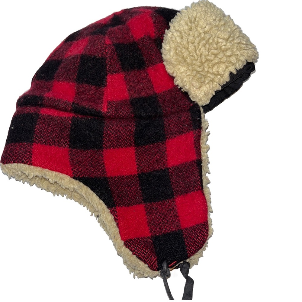 Red black CHECKERED Trapper HAT wool SHERPA fleece Ear FLAPS Tie Straps quilted